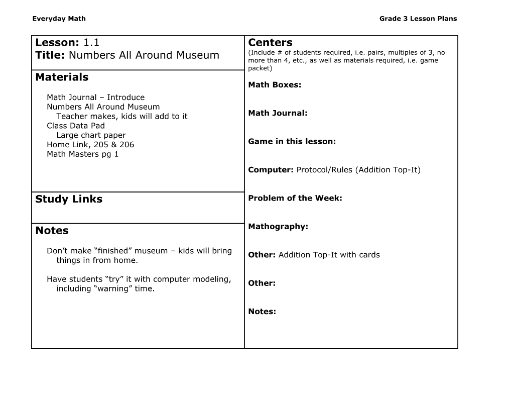 Everyday Math Grade 3 Lesson Plans