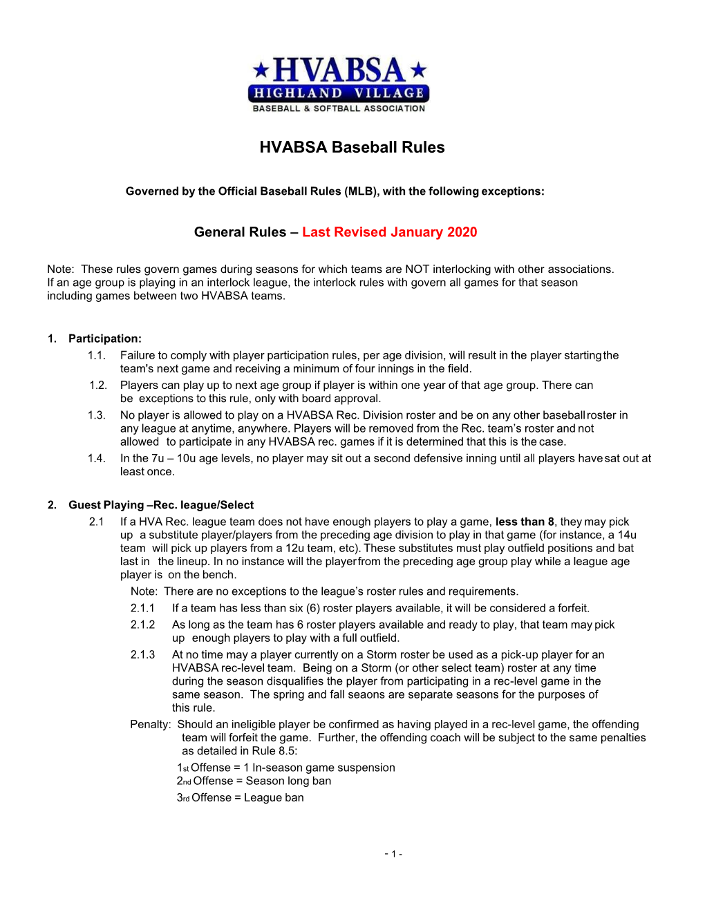 HVABSA Baseball Rules