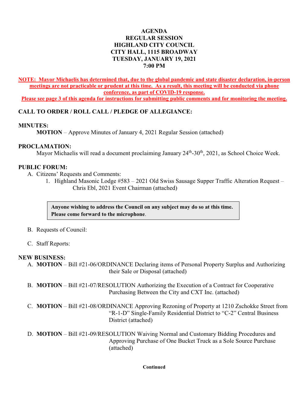 Agenda Regular Session Highland City Council City Hall, 1115 Broadway Tuesday, January 19, 2021 7:00 Pm