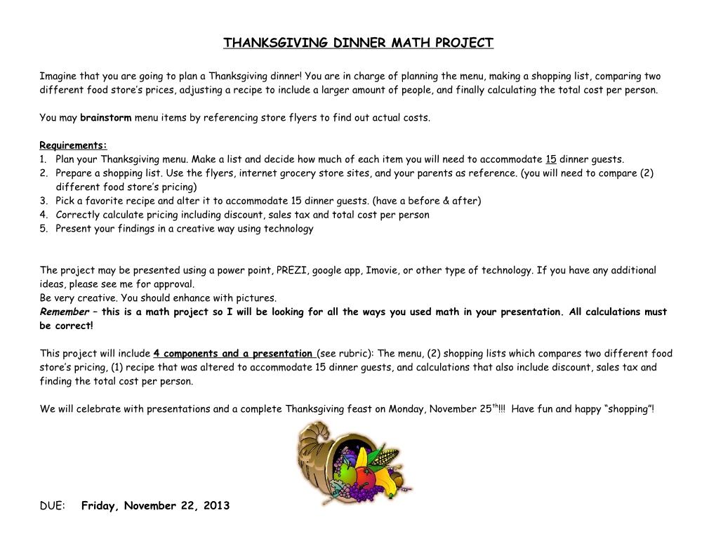 Thanksgiving Math Project