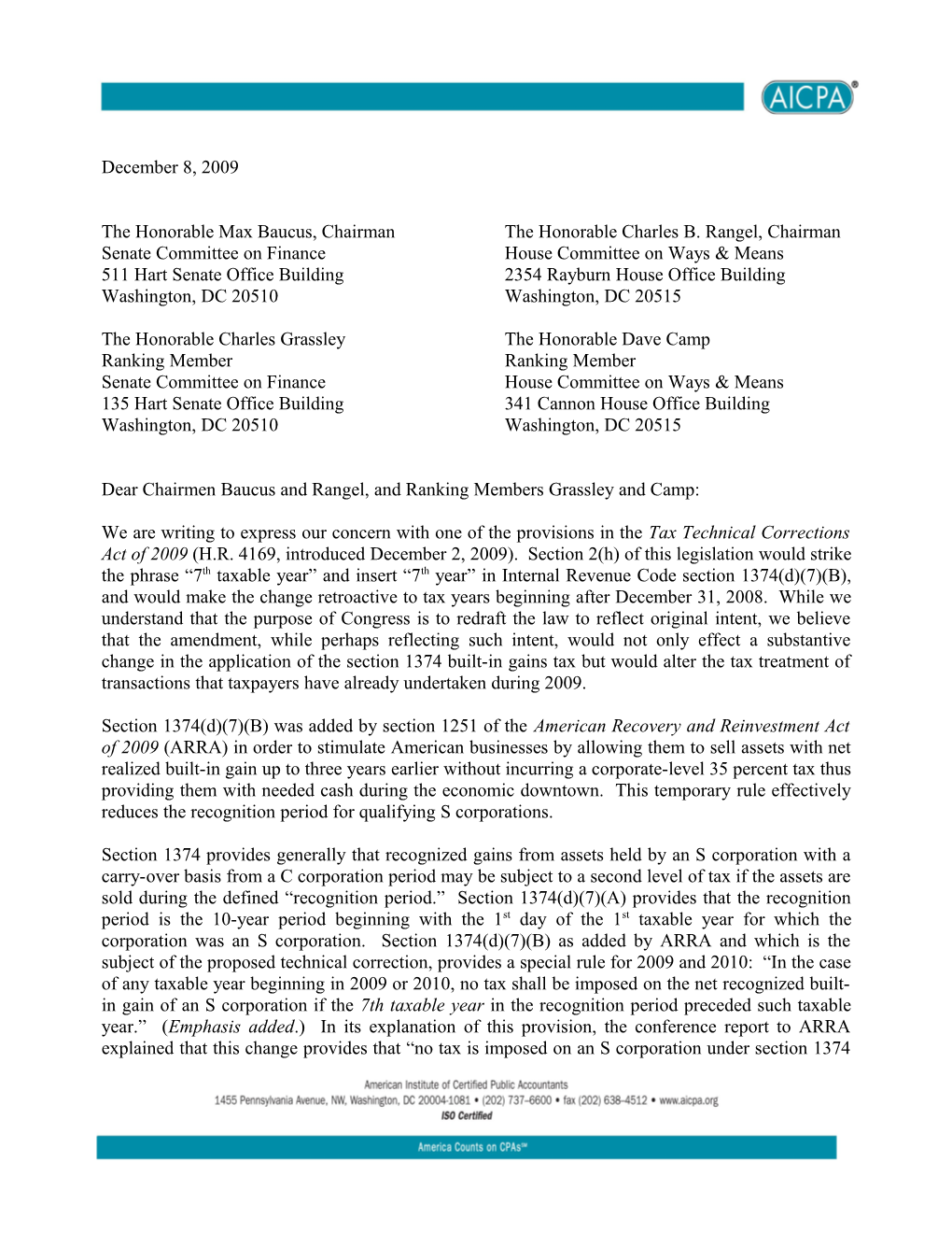 Comments on Tax Technical Correction Act of 2009 - Taxable Year Vs. Tax Year