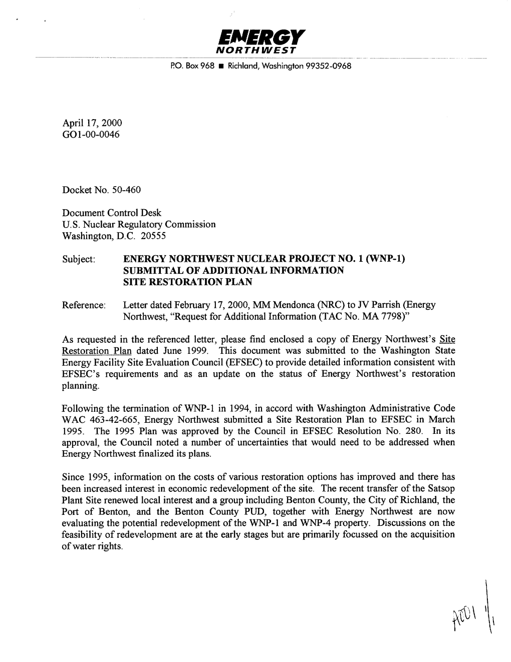 Energy Northwest Nuclear Project No. 1 (Wnp-1) Submittal of Additional Information Site Restoration Plan