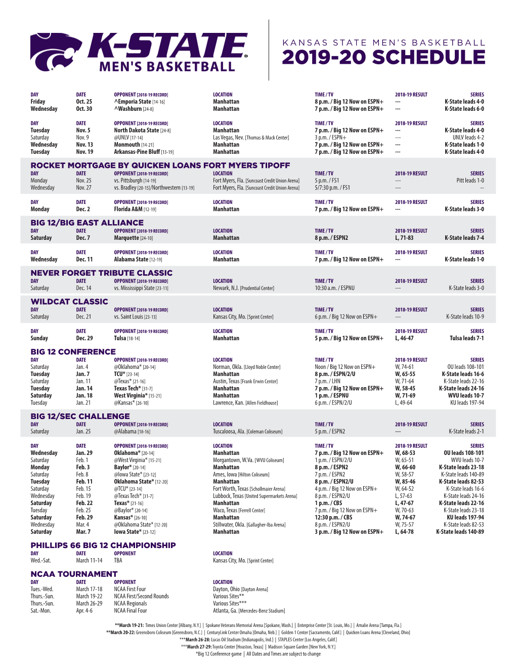 2019-20 Schedule