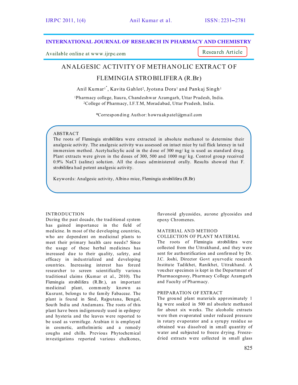 ANALGESIC ACTIVITY of METHANOLIC EXTRACT of FLEMINGIA STROBILIFERA (R.Br)