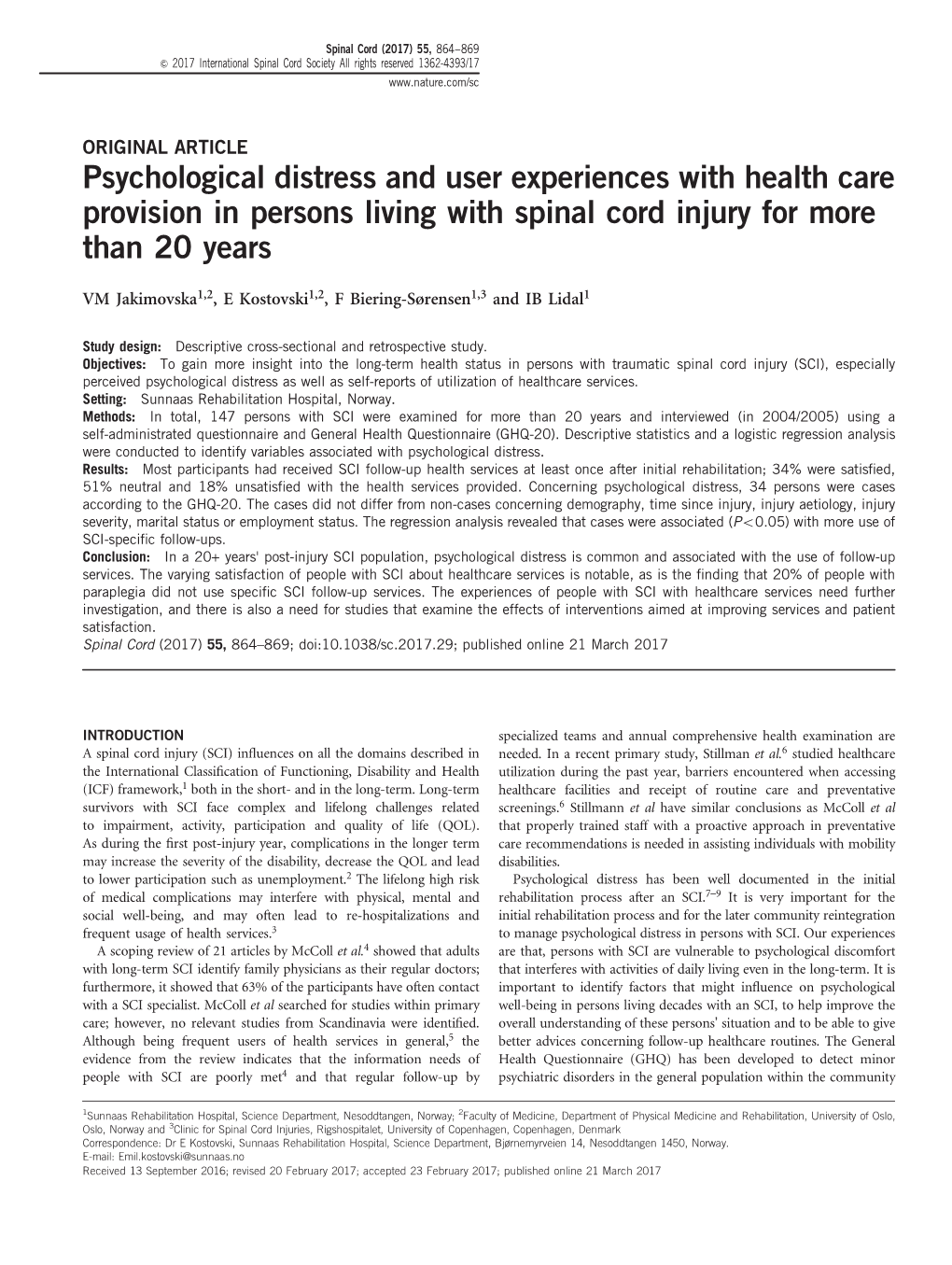 Psychological Distress and User Experiences with Health Care Provision in Persons Living with Spinal Cord Injury for More Than 20 Years