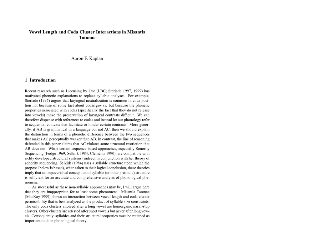 Vowel Length and Coda Cluster Interactions in Misantla Totonac