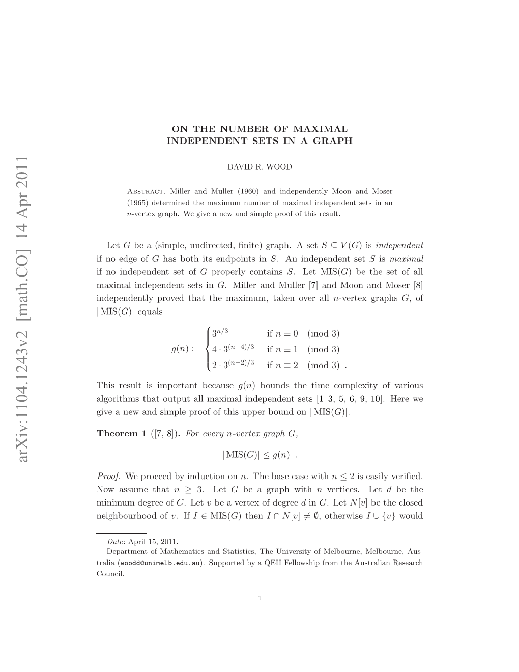 On the Number of Maximal Independent Sets in a Graph 3