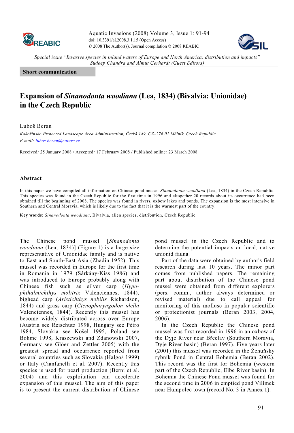 Expansion of Sinanodonta Woodiana (Lea, 1834) (Bivalvia: Unionidae) in the Czech Republic