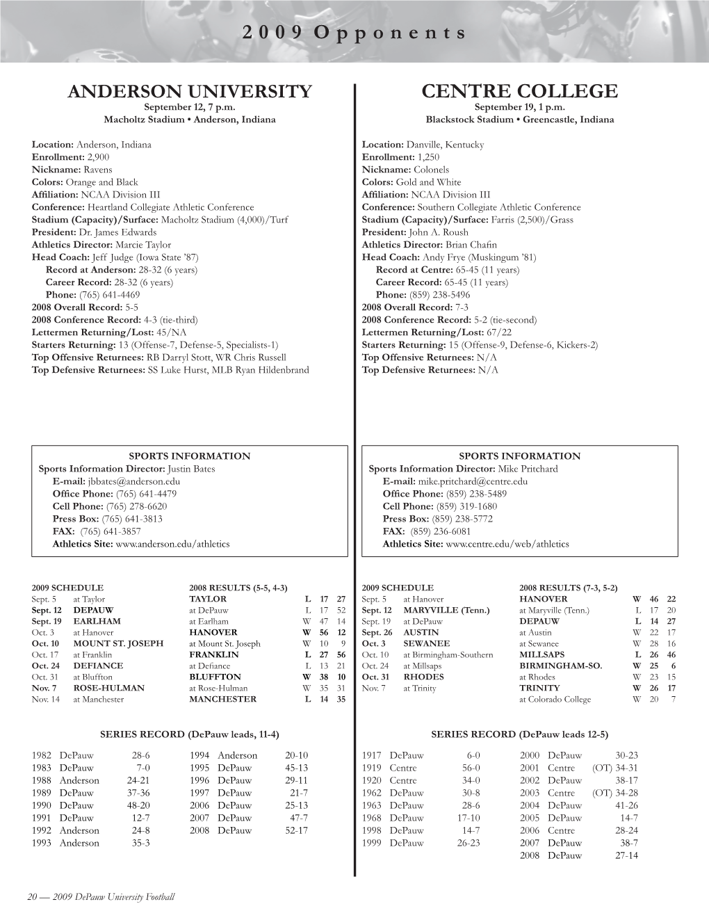 2009 Opponents CENTRE COLLEGE