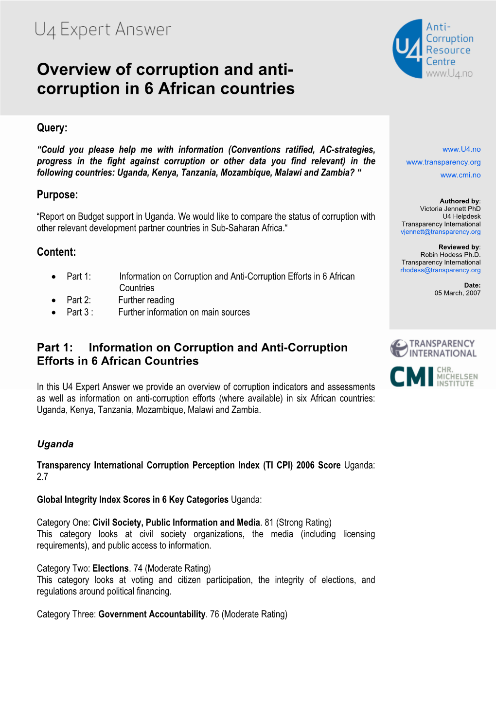 Overview of Corruption and Anti-Corruption in 6 African Countries