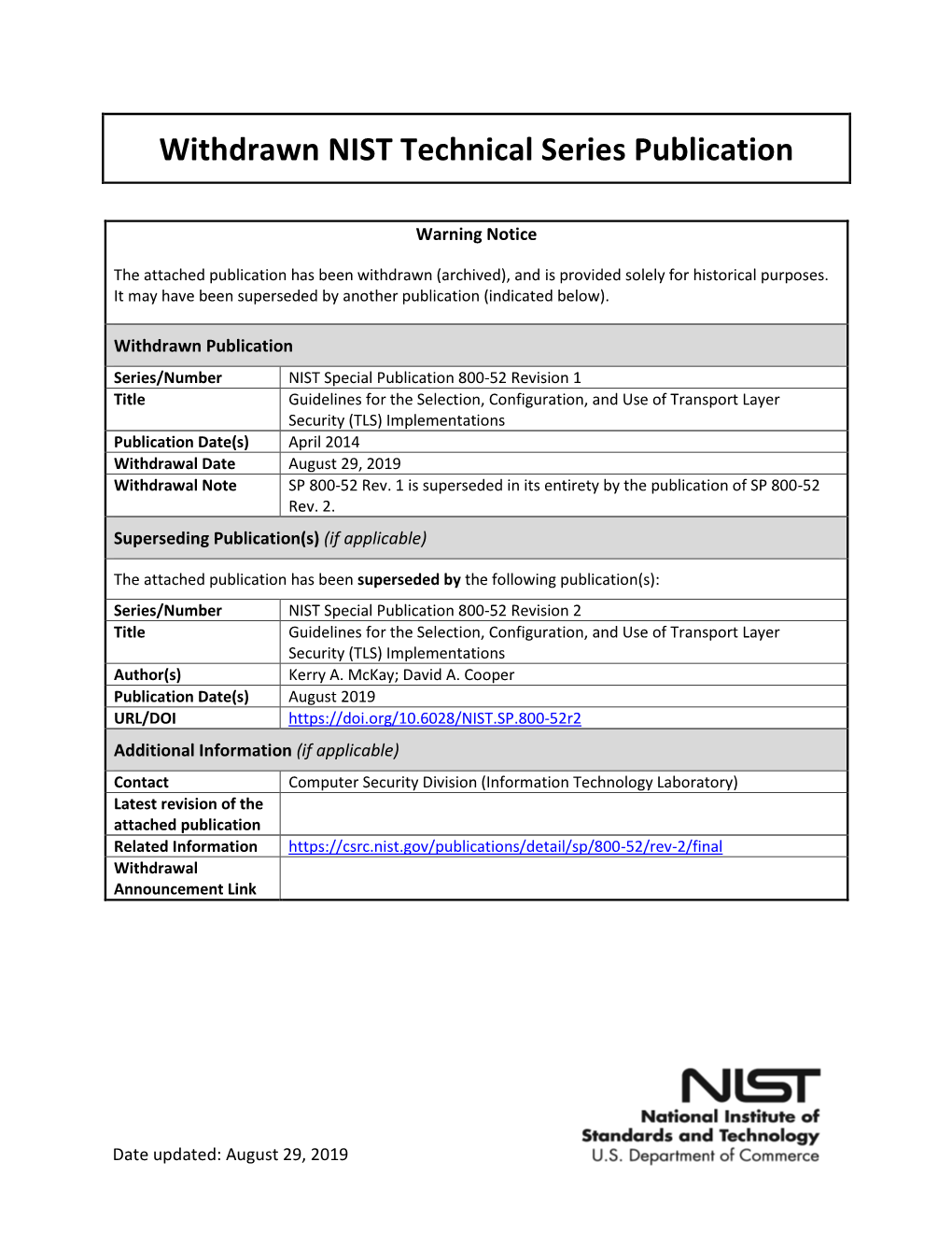 TLS) Implementations Publication Date(S) April 2014 Withdrawal Date August 29, 2019 Withdrawal Note SP 800-52 Rev