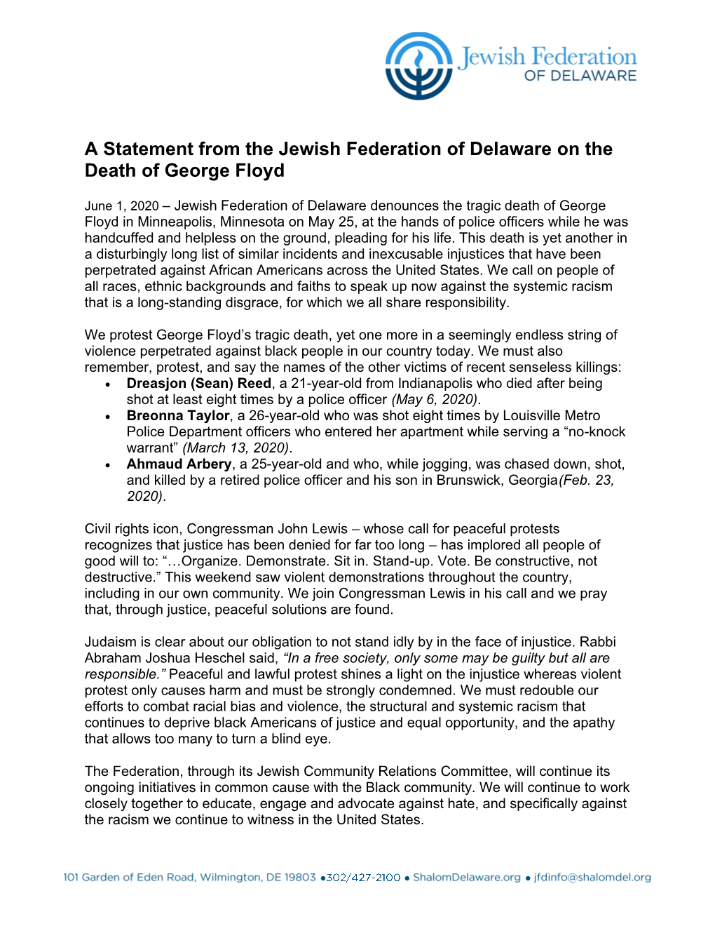 A Statement from the Jewish Federation of Delaware on the Death of George Floyd