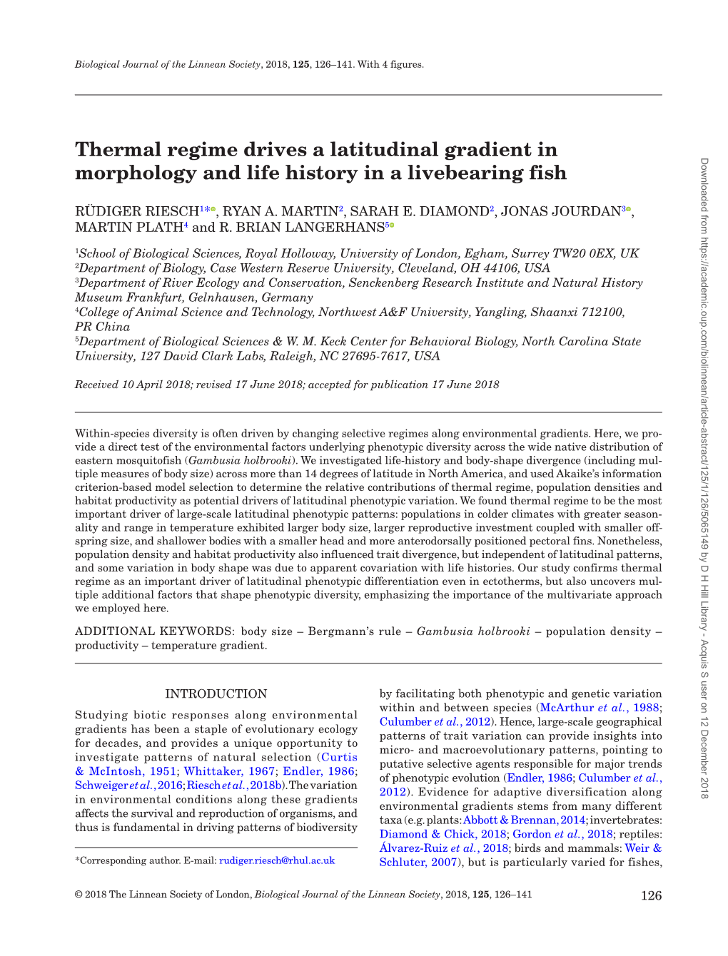 Thermal Regime Drives a Latitudinal Gradient in Morphology and Life