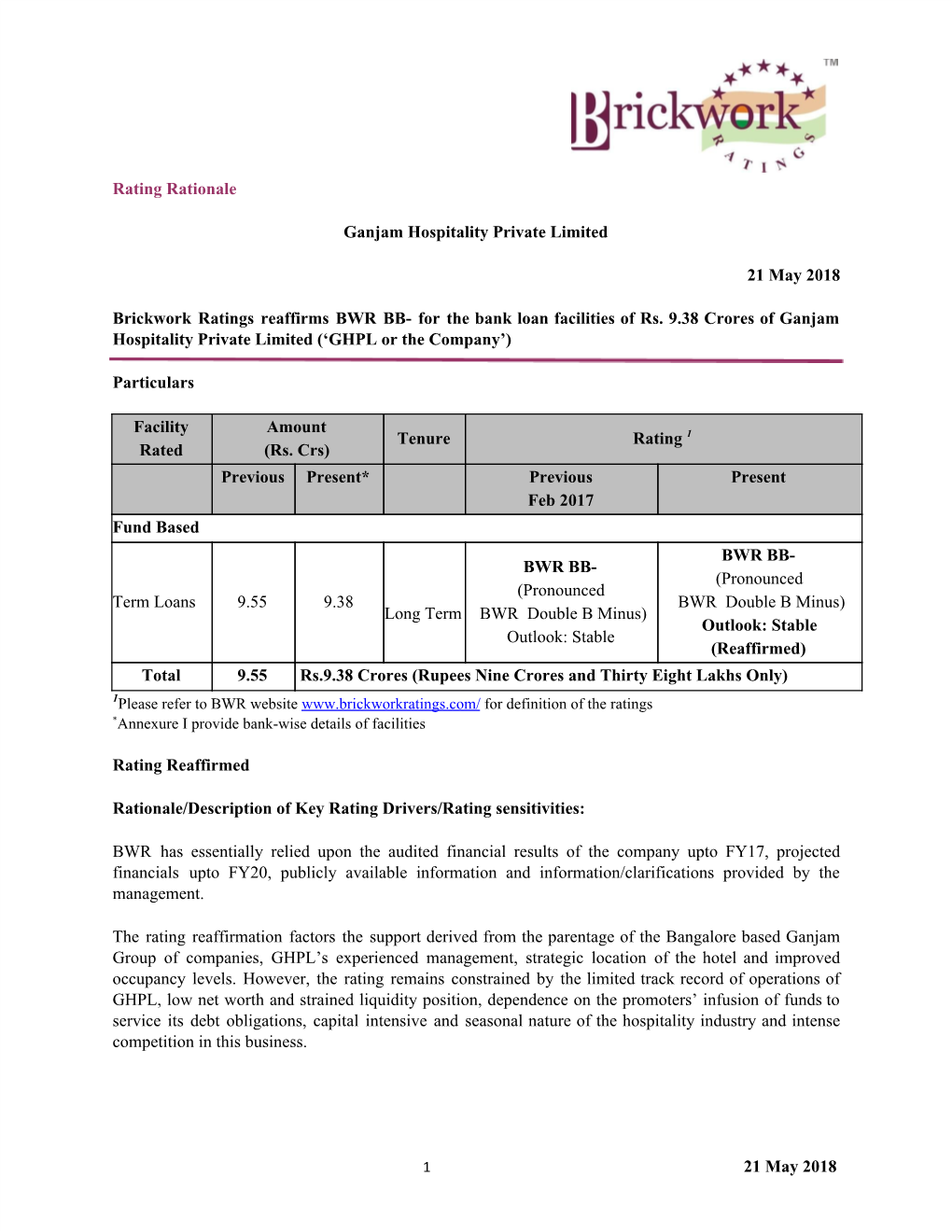 Rating Rationale Ganjam Hospitality Private Limited