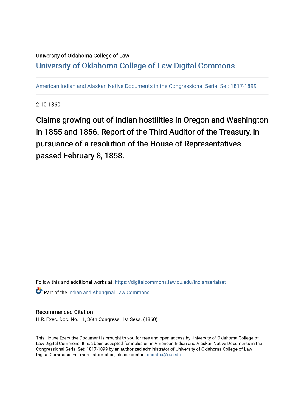 Claims Growing out of Indian Hostilities in Oregon and Washington in 1855 and 1856