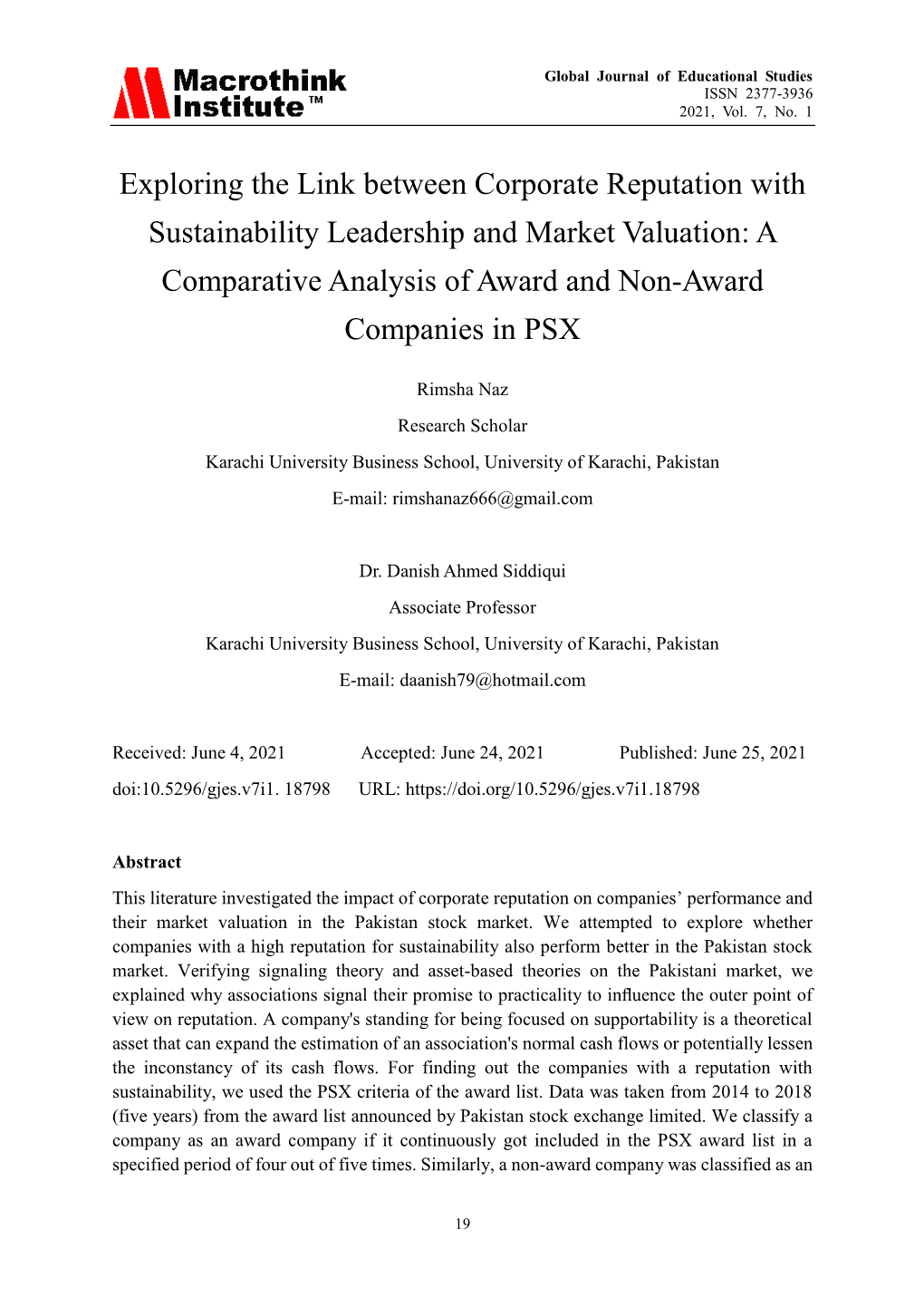 Exploring the Link Between Corporate Reputation with Sustainability Leadership and Market Valuation: a Comparative Analysis of Award and Non-Award Companies in PSX