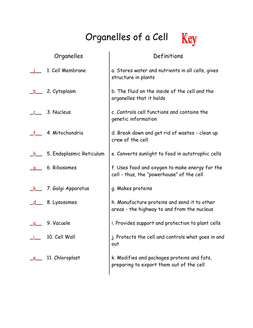 Organelles of a Cell