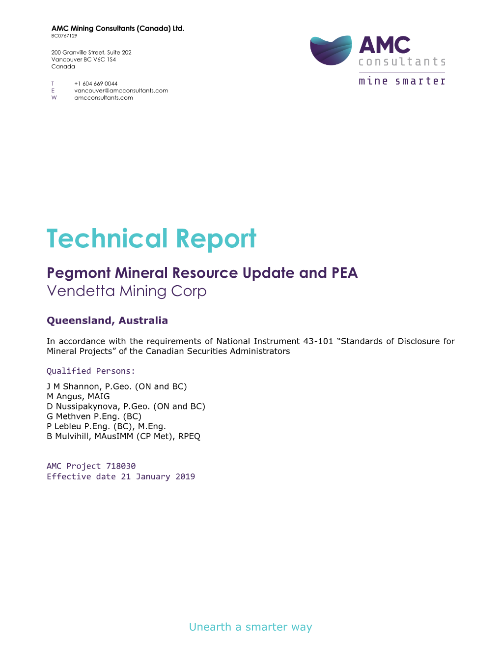 Technical Report Pegmont Mineral Resource Update and PEA Vendetta Mining Corp