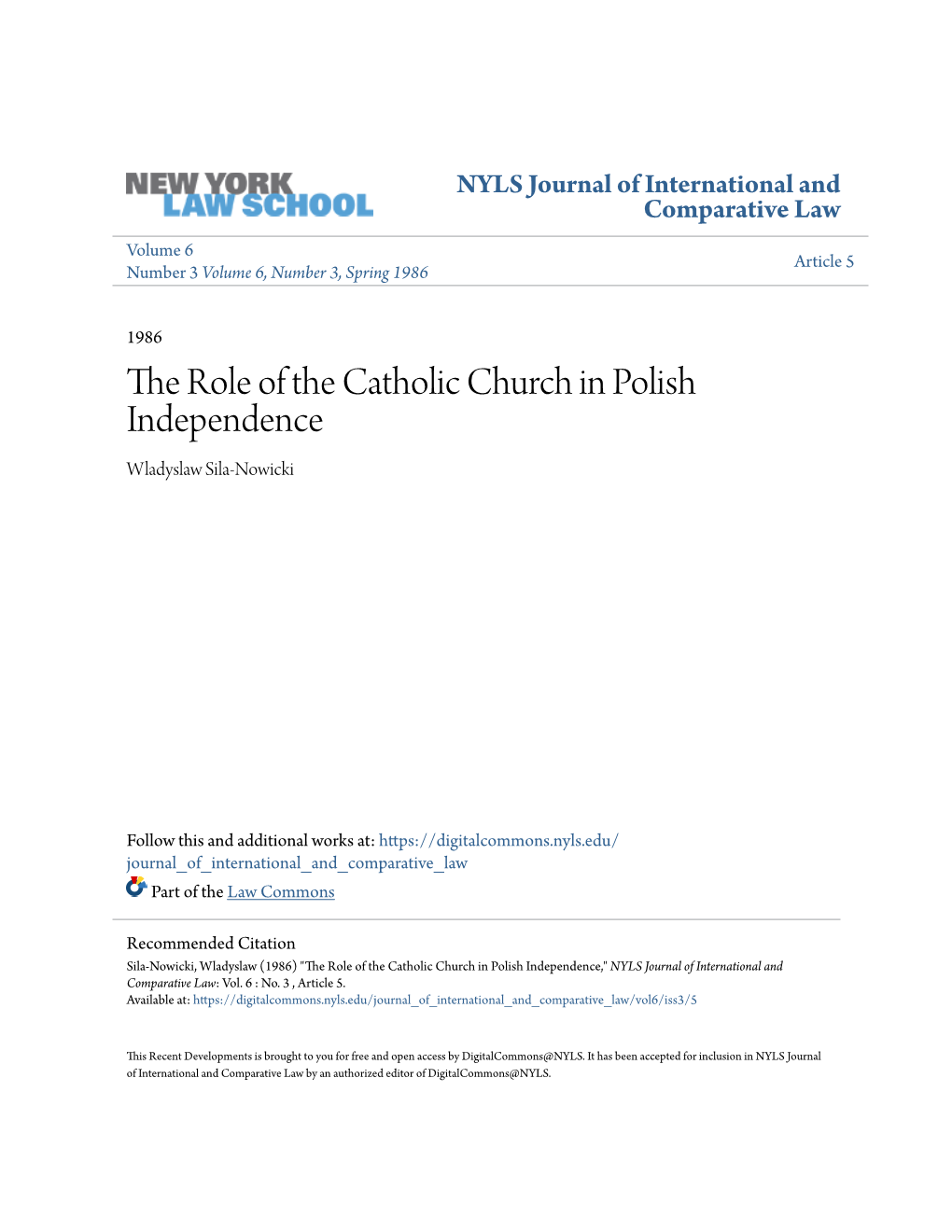 The Role of the Catholic Church in Polish Independence Wladyslaw Sila-Nowicki