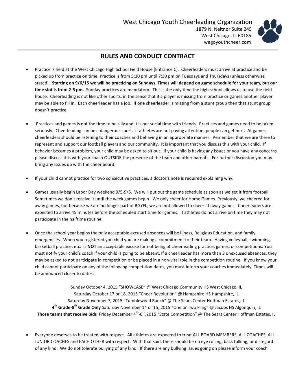 West Chicago Youth Cheerleading Organization Rules and Conduct Form