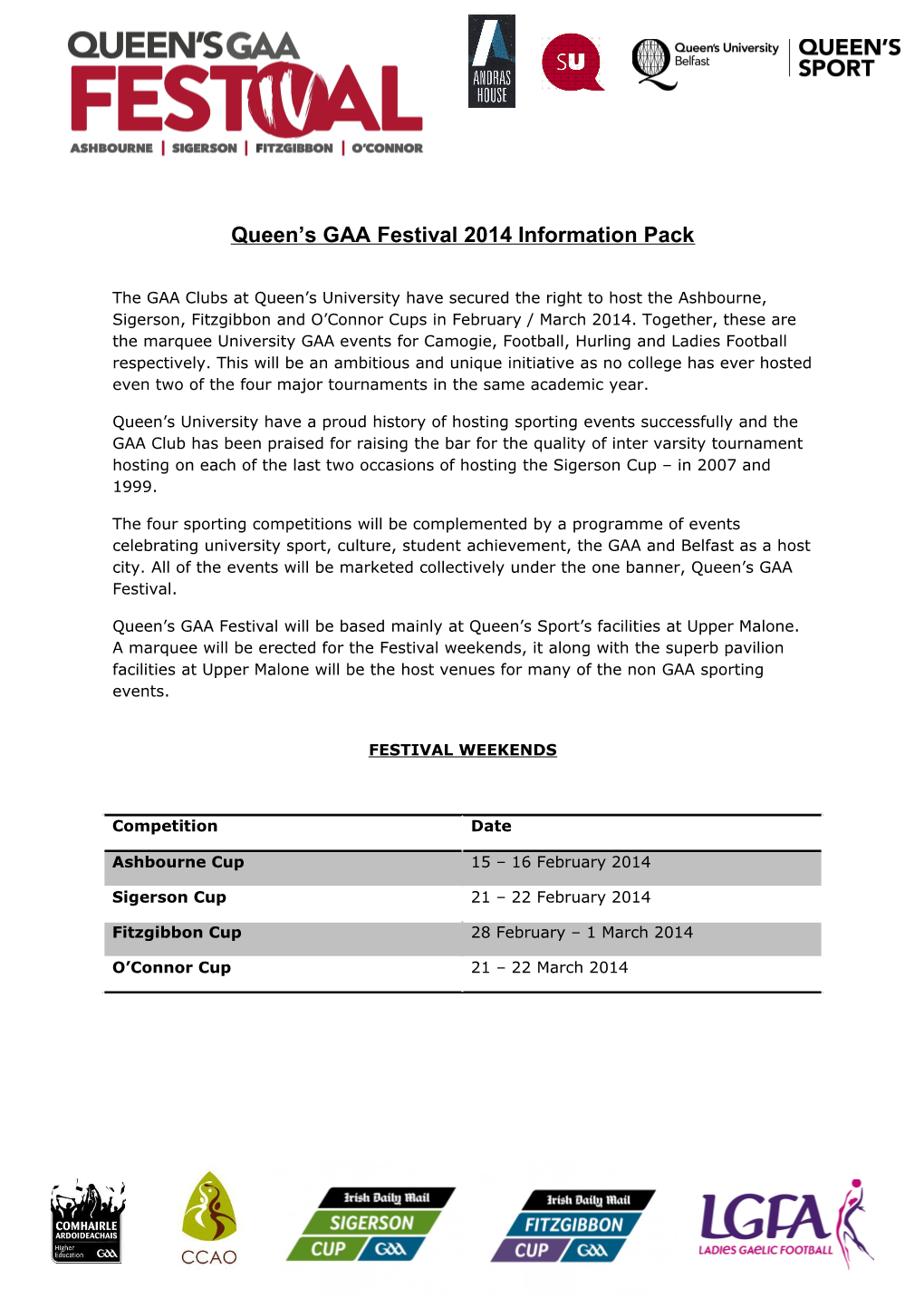 Queen's GAA Festival 2014 Information Pack