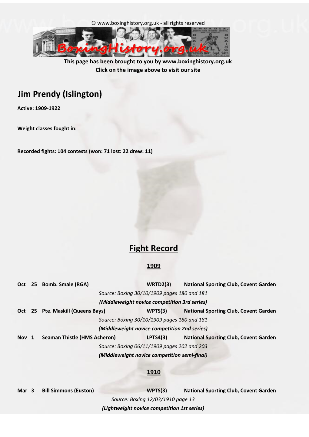 Fight Record Jim Prendy (Islington)