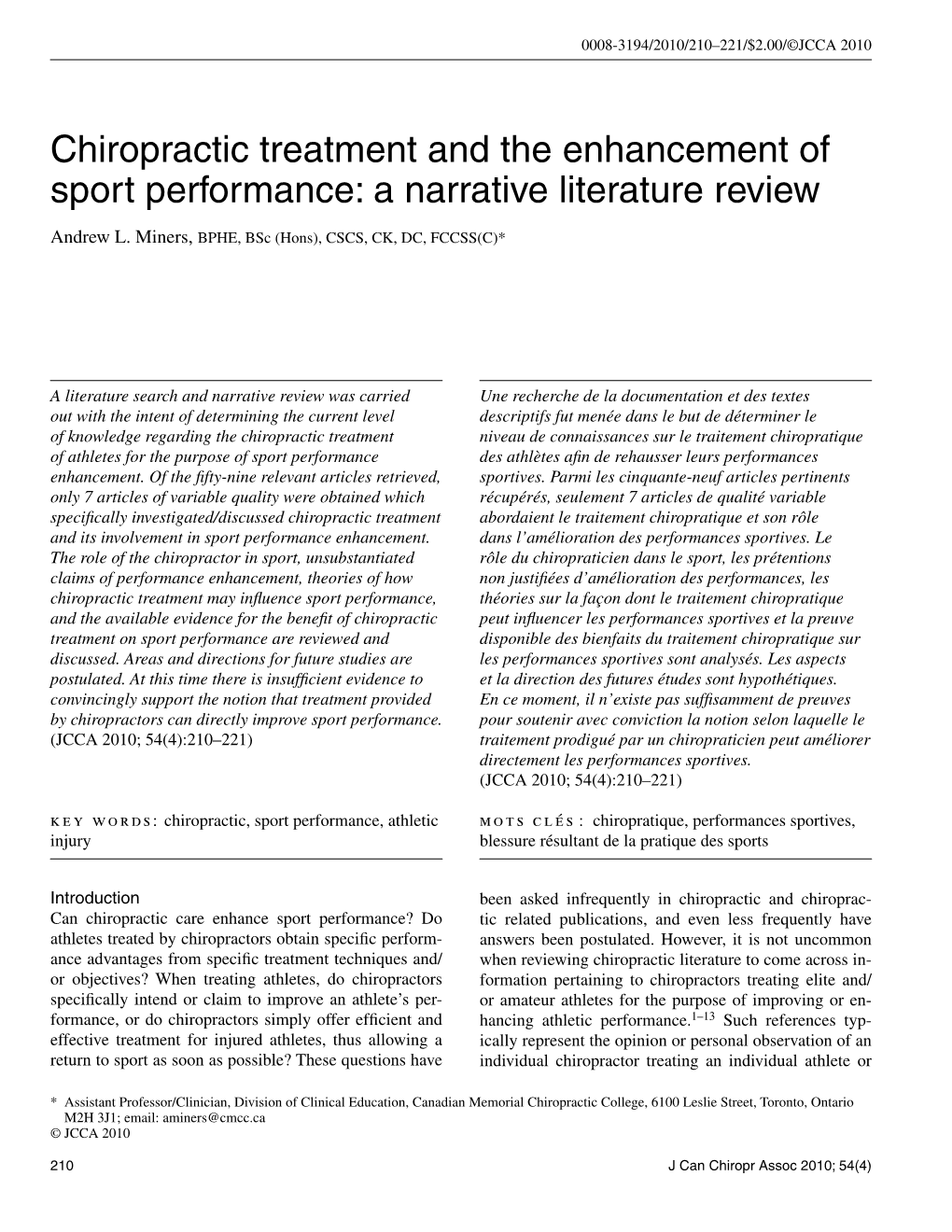 Chiropractic Treatment and the Enhancement of Sport Performance: a Narrative Literature Review