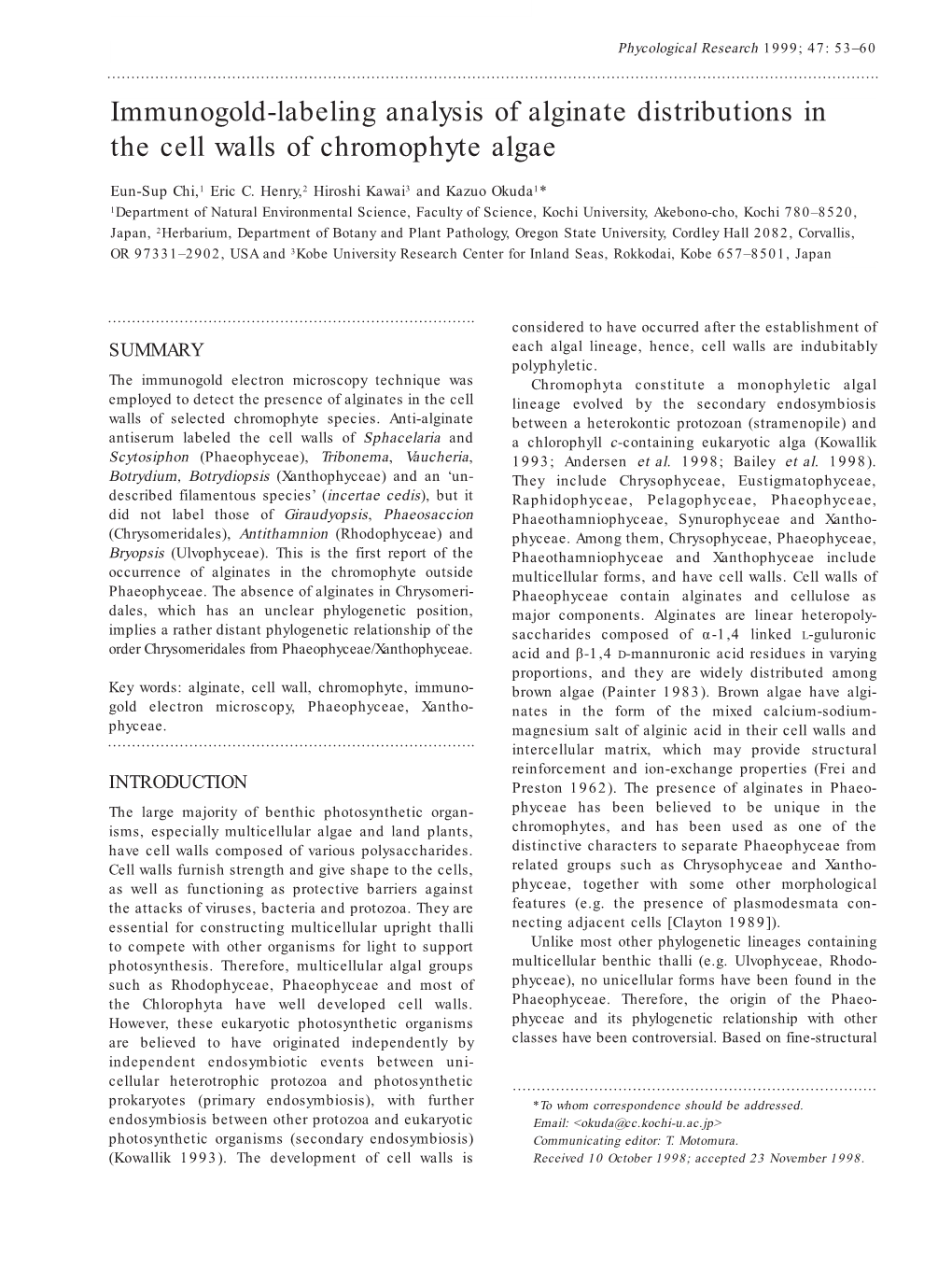 Immunogold-Labeling Analysis of Alginate Distributions in the Cell Walls of Chromophyte Algae