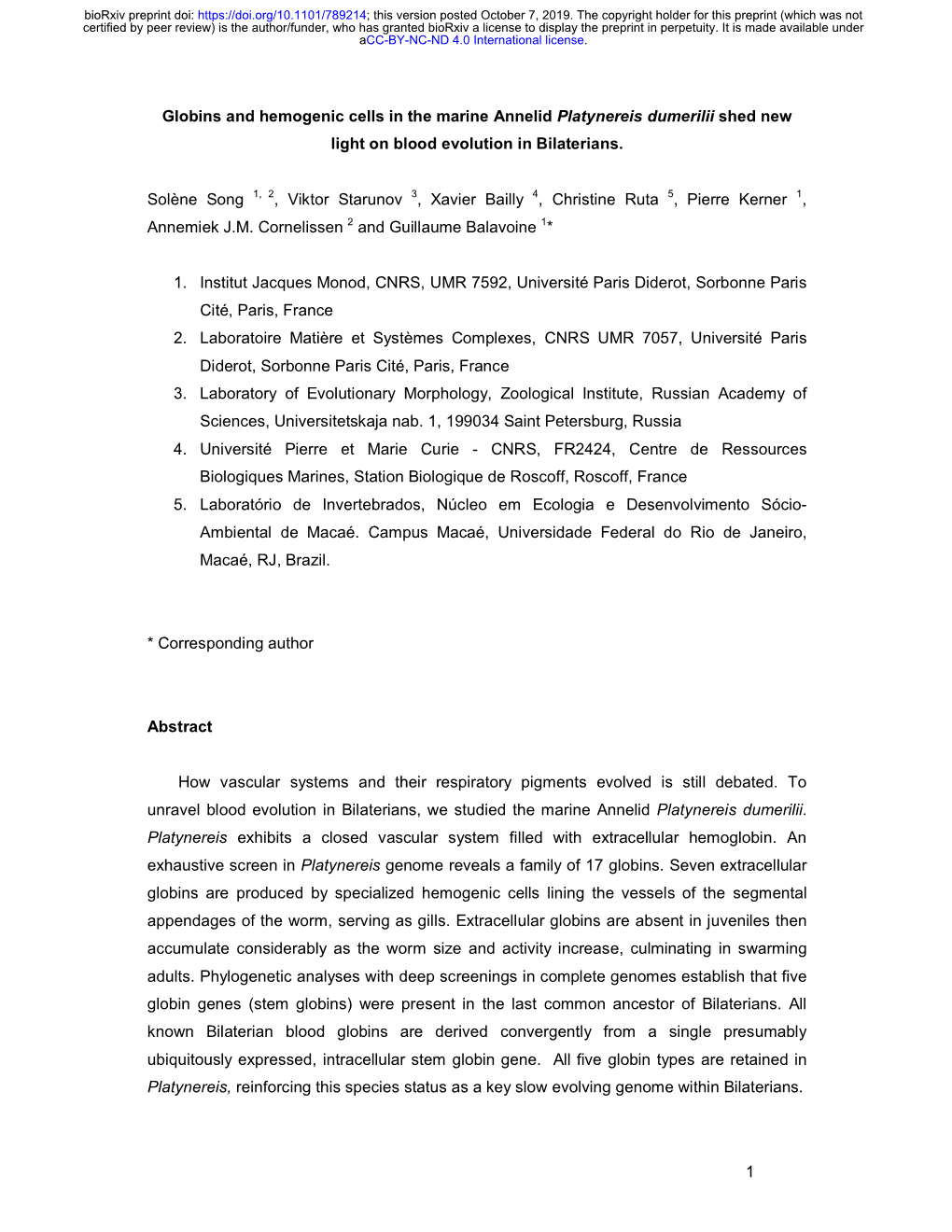 Globins and Hemogenic Cells in the Marine Annelid Platynereis Dumerilii Shed New Light on Blood Evolution in Bilaterians