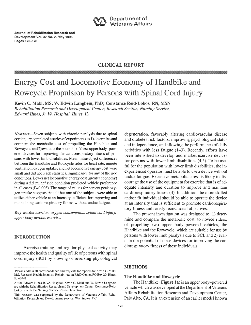 Energy Cost and Locomotive Economy of Handbike and Rowcycle Propulsion by Persons with Spinal Cord Injury