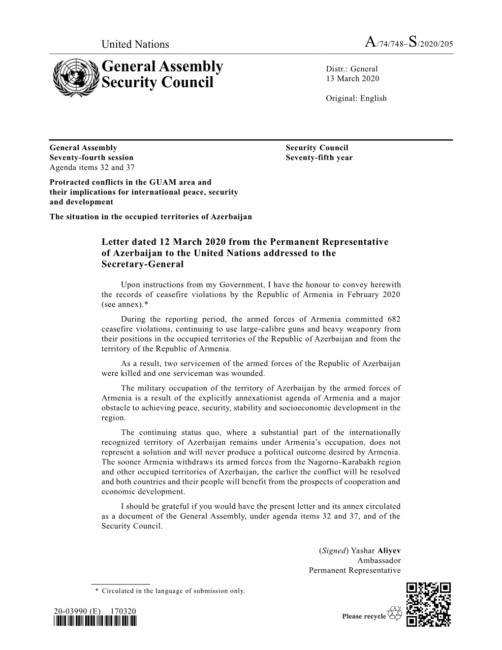 Letter Dated 12 March 2020 from the Permanent Representative of Azerbaijan to the United Nations Addressed to the Secretary-General