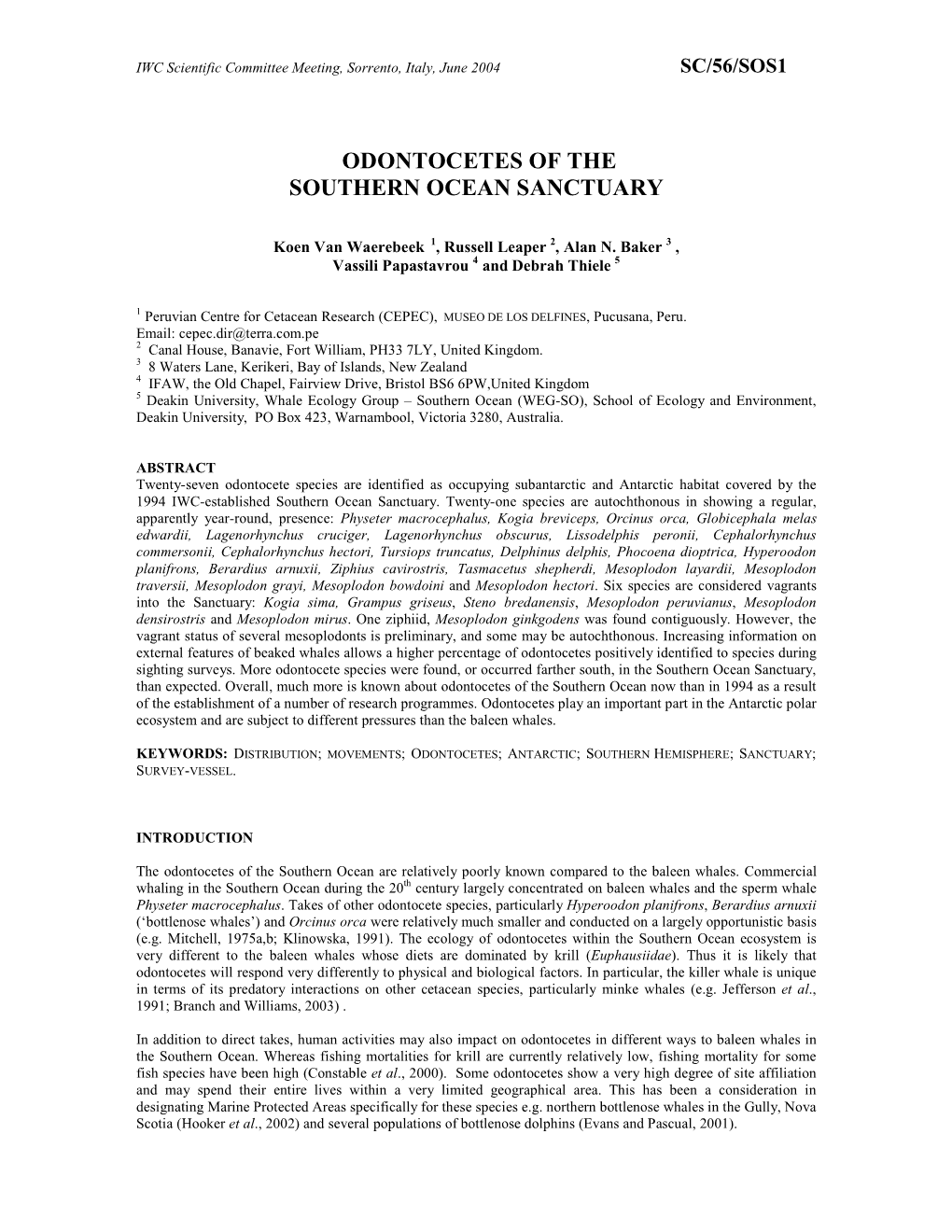 Odontocetes of the Southern Ocean Sanctuary