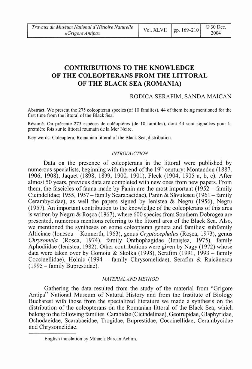 Contributions to the Knowledge of the Coleopterans from the Littoral of the Black Sea (Romania) Rodica Serafim, Sanda Maican