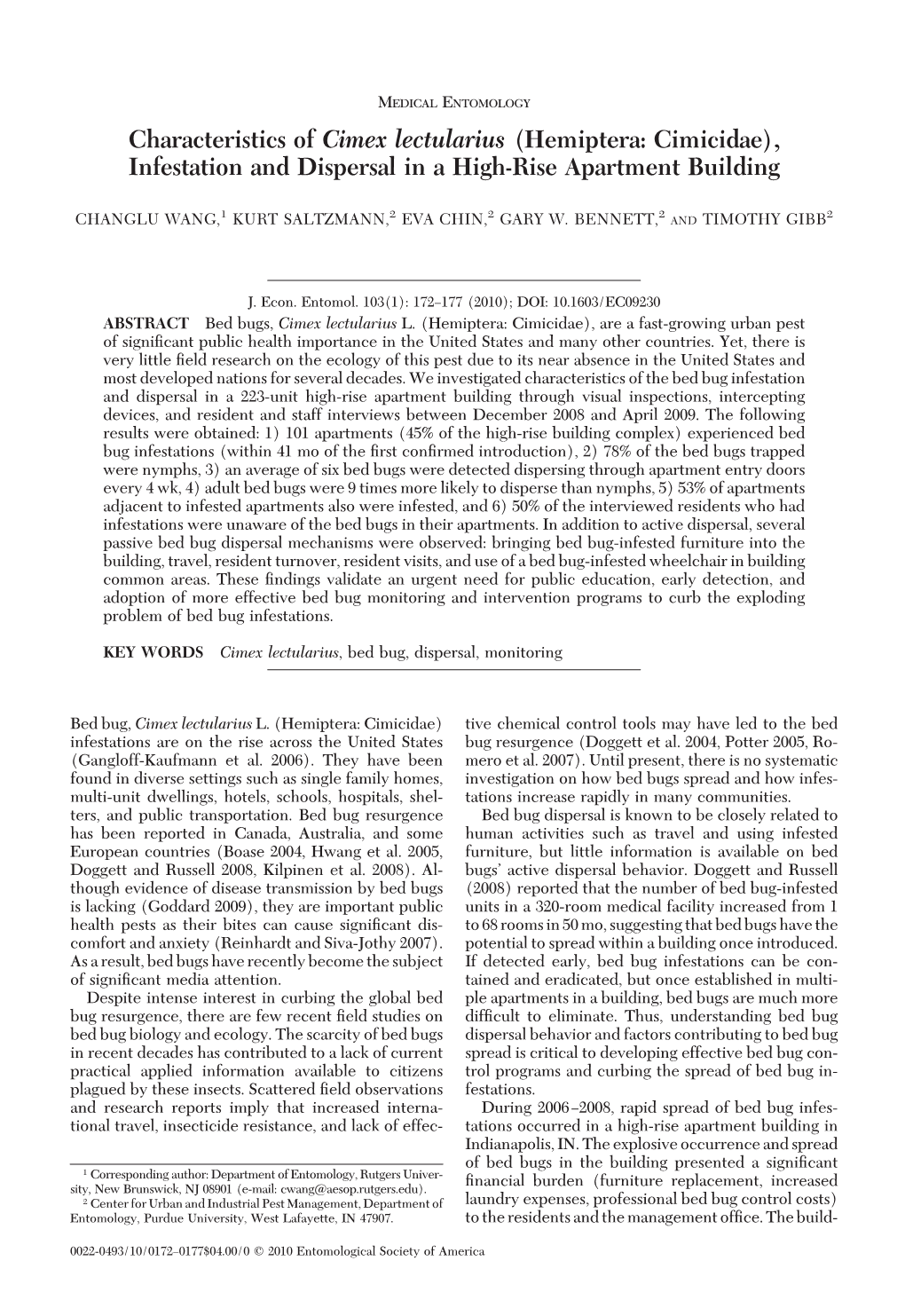 Characteristics of Cimex Lectularius (Hemiptera: Cimicidae), Infestation and Dispersal in a High-Rise Apartment Building