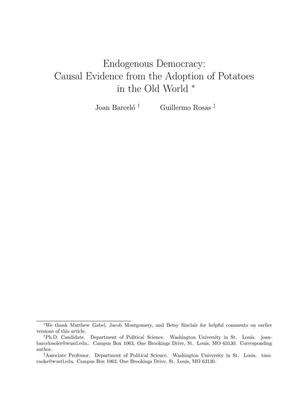 Endogenous Democracy: Causal Evidence from the Adoption of Potatoes in the Old World ∗