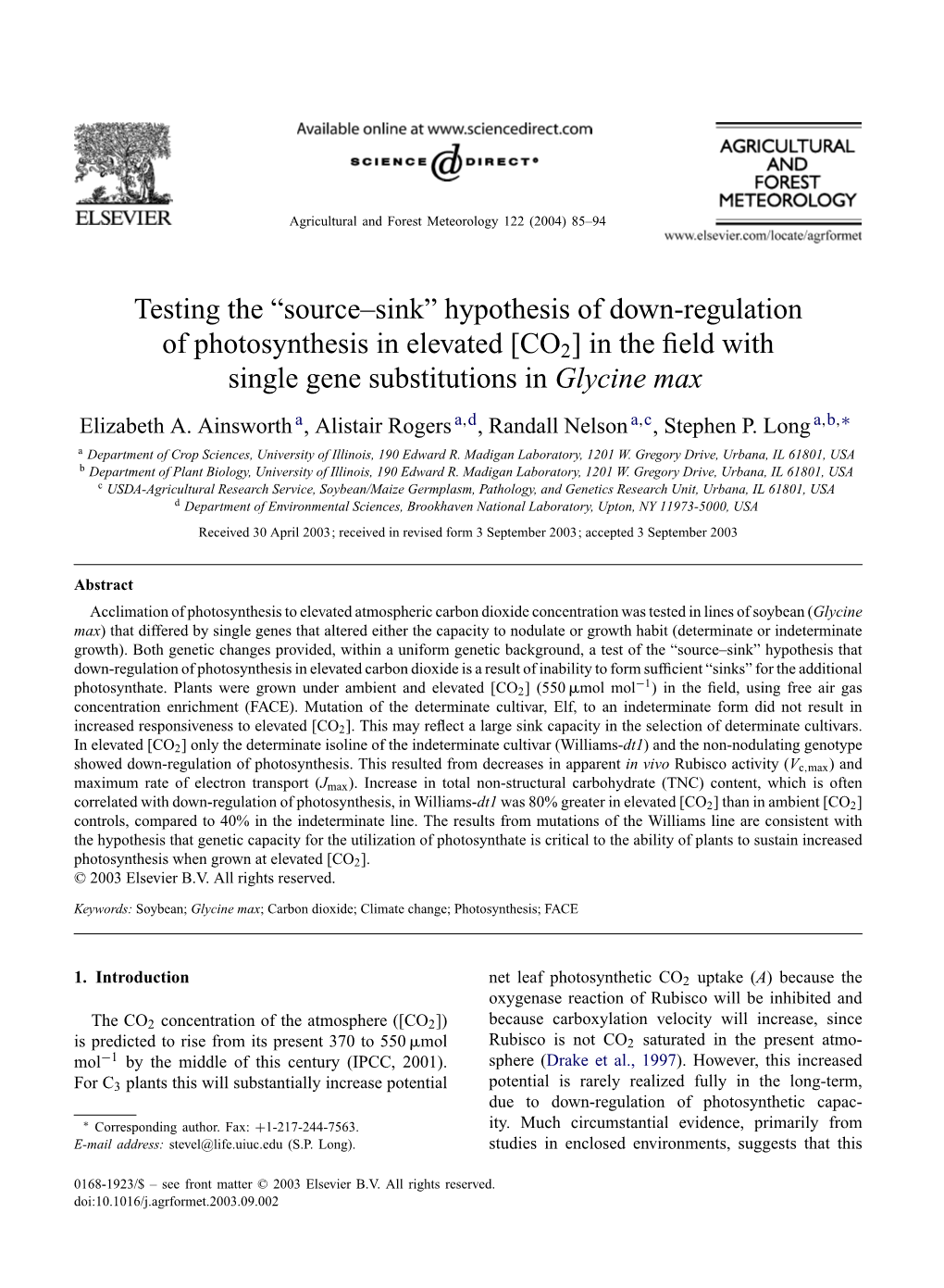 Testing the “Source–Sink” Hypothesis of Down-Regulation of Photosynthesis in Elevated [CO2] in the Field with Single Gene