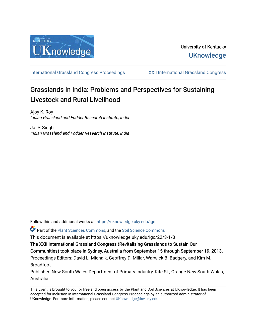 Grasslands in India: Problems and Perspectives for Sustaining Livestock and Rural Livelihood