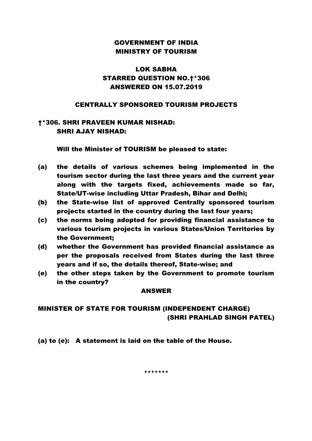 Government of India Ministry of Tourism Lok Sabha Starred Question No.†*306 Answered on 15.07.2019 Centrally Sponsored Tourism