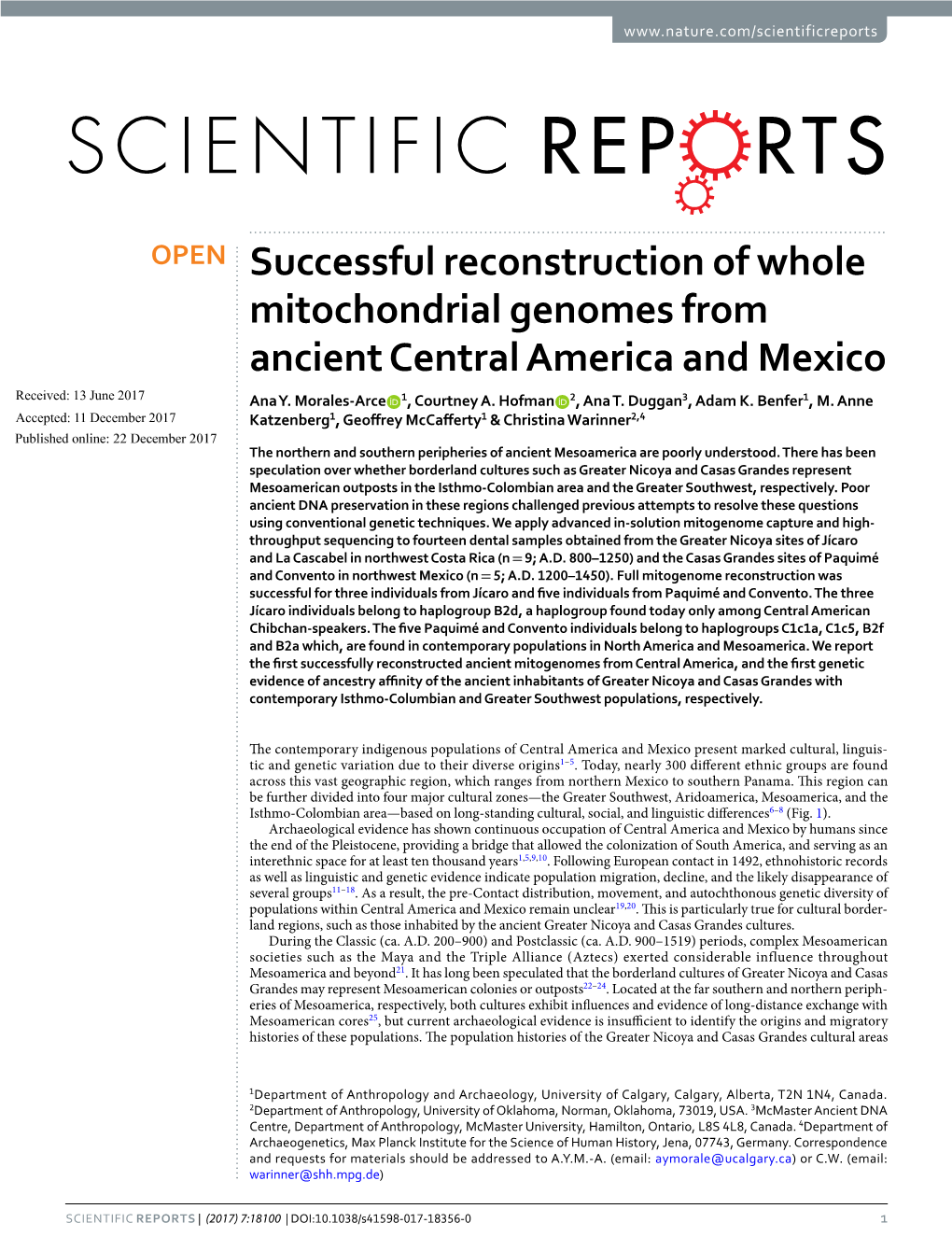 Successful Reconstruction of Whole Mitochondrial Genomes from Ancient Central America and Mexico Received: 13 June 2017 Ana Y