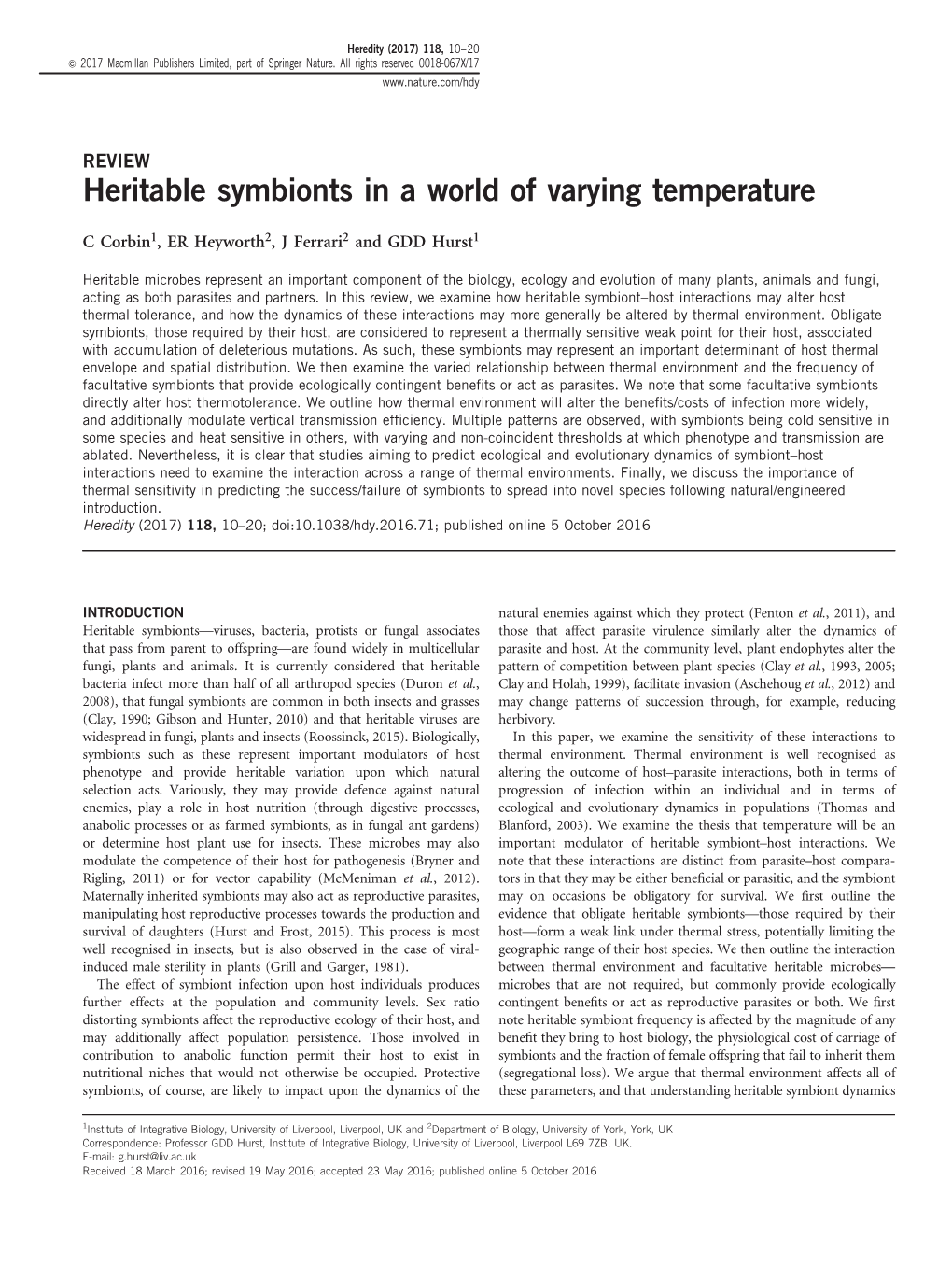 Heritable Symbionts in a World of Varying Temperature