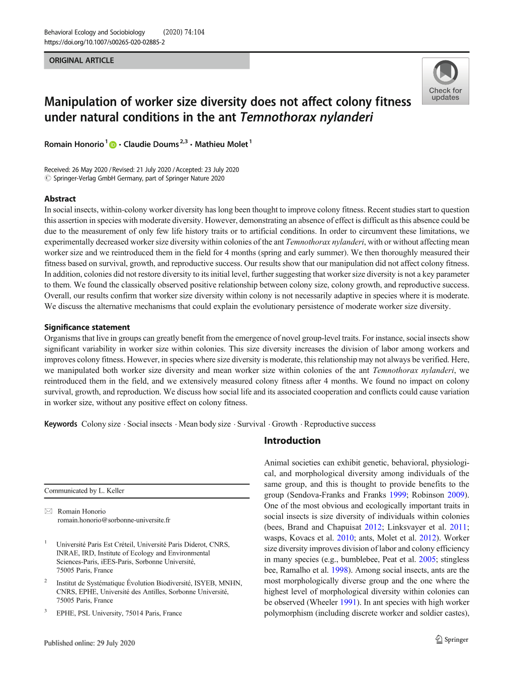 Manipulation of Worker Size Diversity Does Not Affect Colony Fitness Under Natural Conditions in the Ant Temnothorax Nylanderi