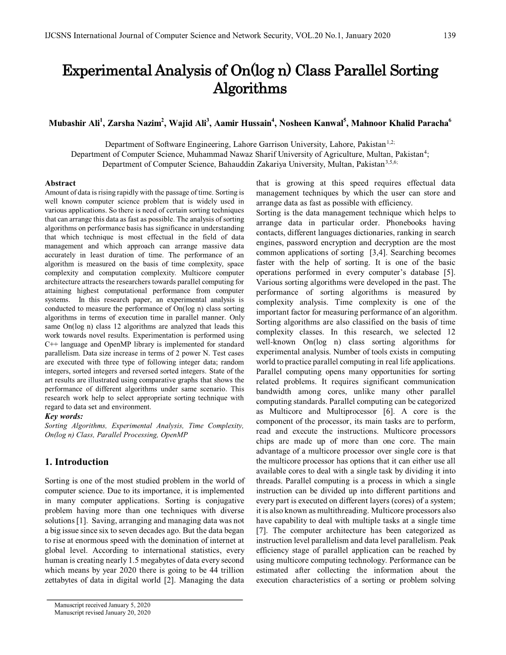 Experimental Analysis of On(Log N) Class Parallel Sorting Algorithms