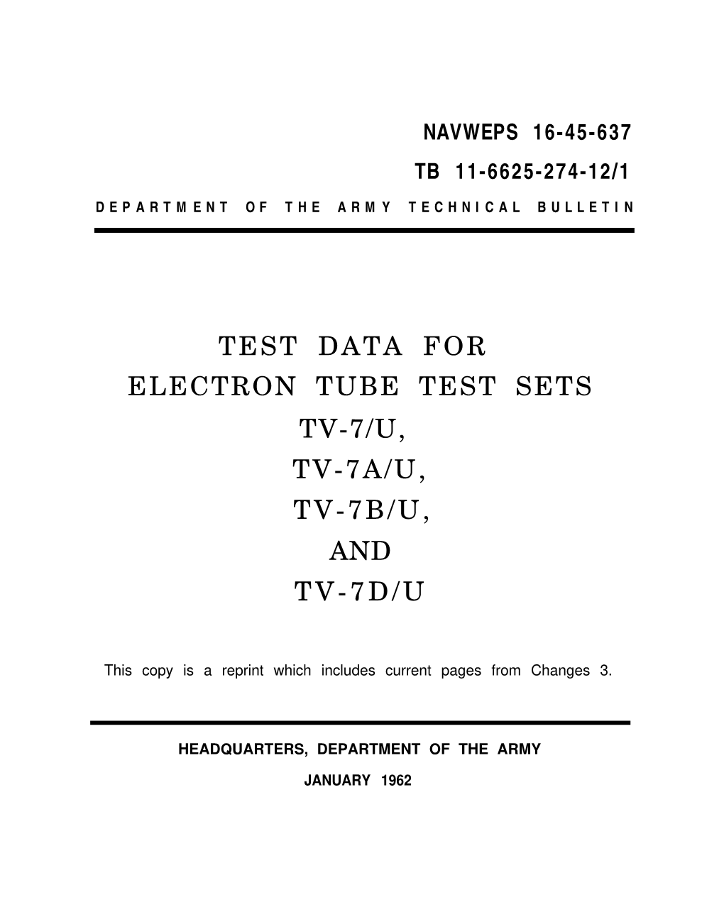 Test Data for Electron Tube Test Sets Tv-7/U, Tv-7A/U, Tv-7B/U, and Tv-7D/U