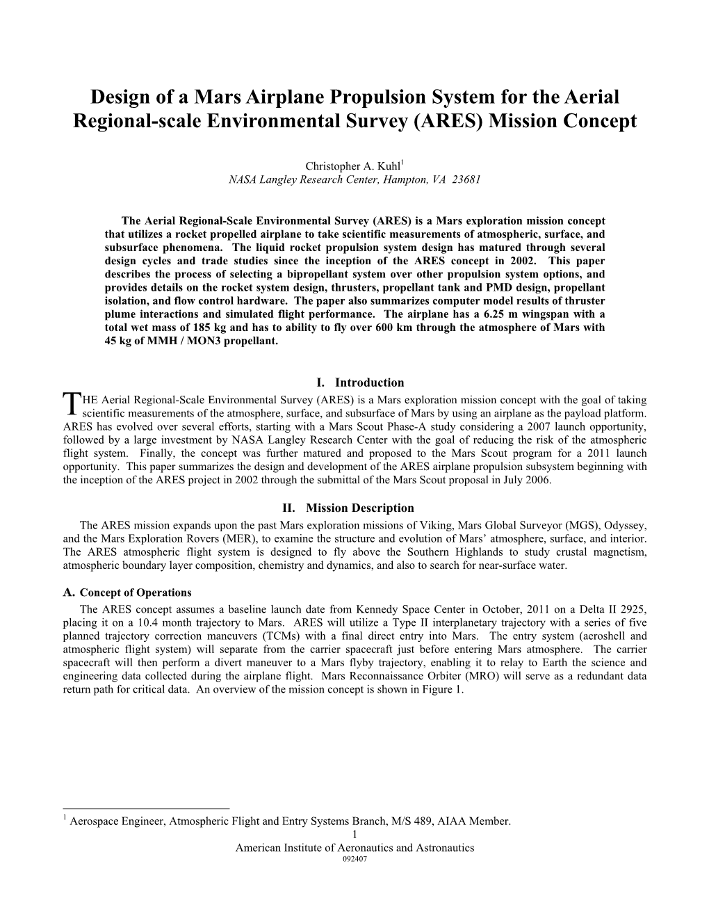 Design of a Mars Airplane Propulsion System for the Aerial Regional-Scale Environmental Survey (ARES) Mission Concept