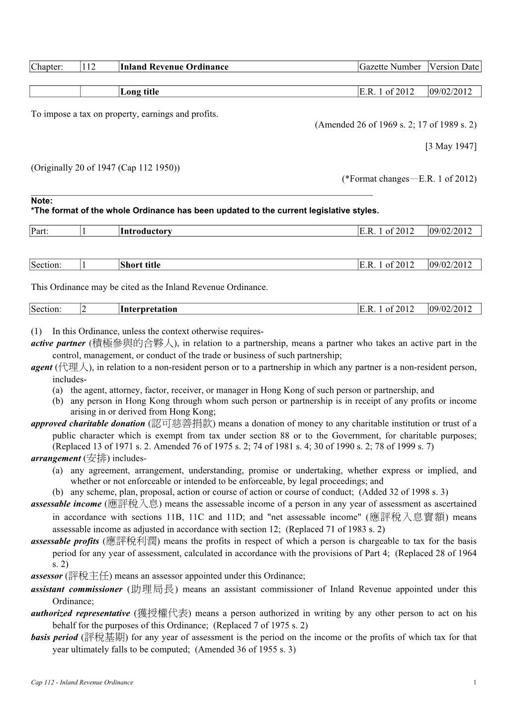 Chapter: 112 Inland Revenue Ordinance Gazette Number Version Date