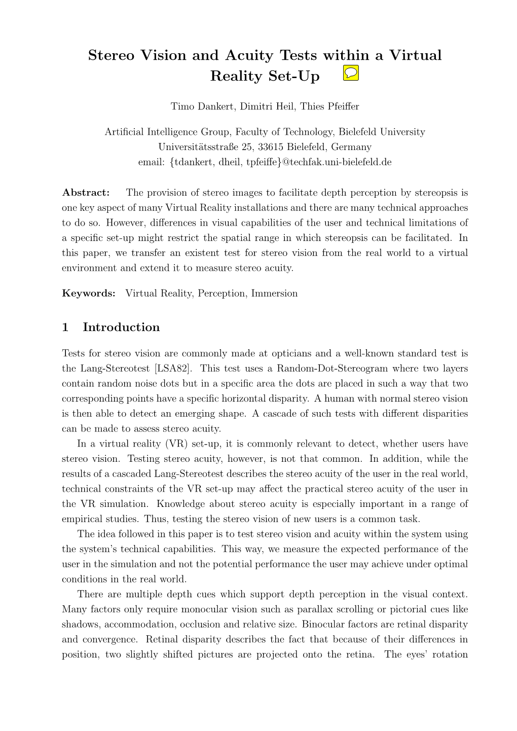 Stereo Vision and Acuity Tests Within a Virtual Reality Set-Up