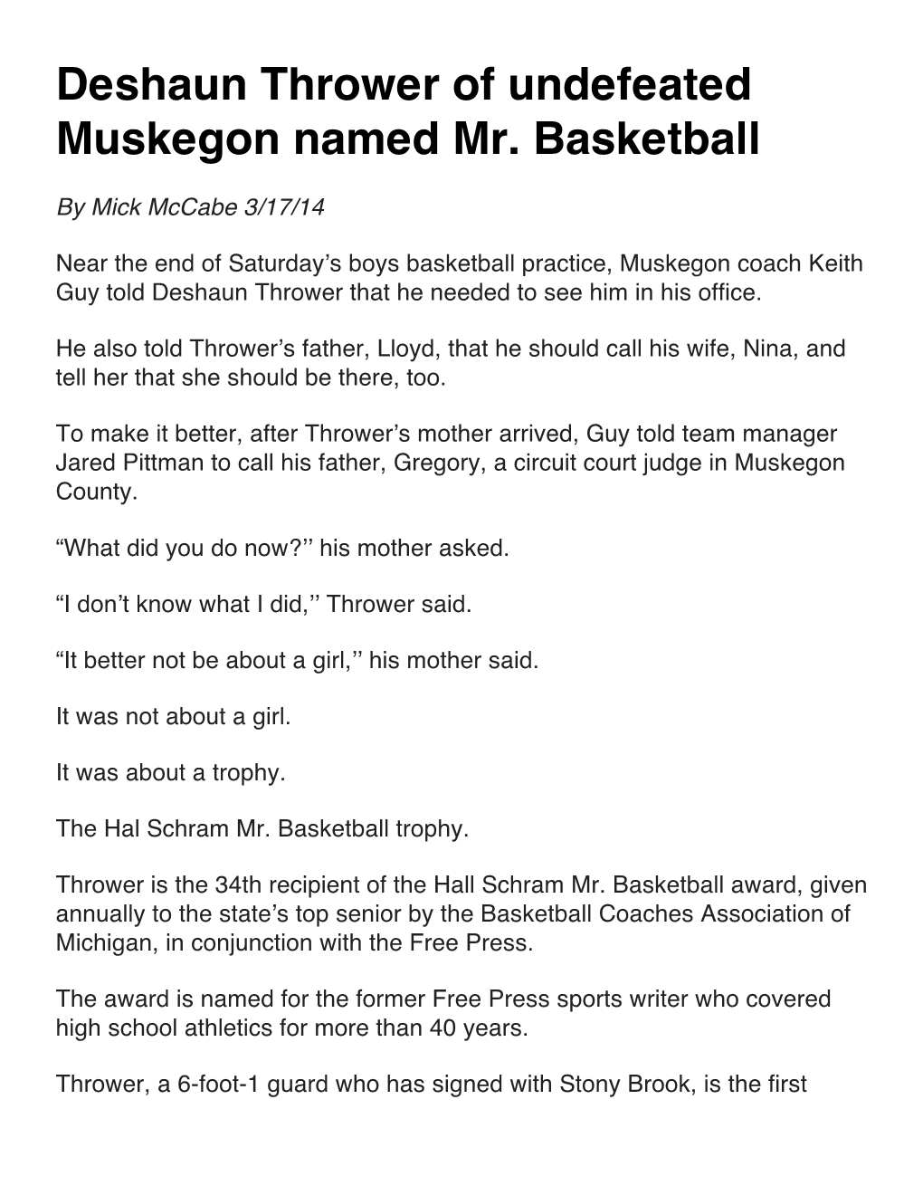 Deshaun Thrower of Undefeated Muskegon Named Mr. Basketball