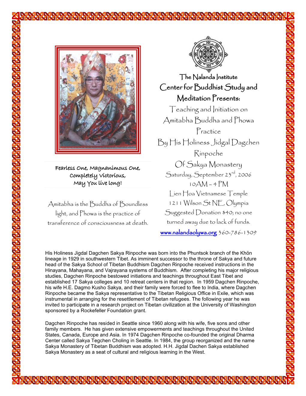 Teaching and Initiation on Amitabha Buddha and Phowa Practice by His Holiness Jidgal Dagchen
