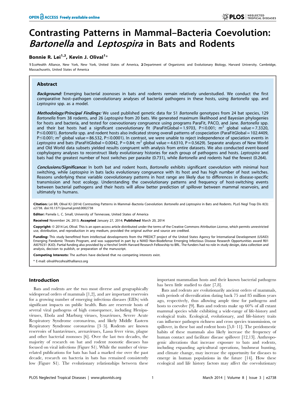 Contrasting Patterns in Mammal–Bacteria Coevolution: Bartonella and Leptospira in Bats and Rodents