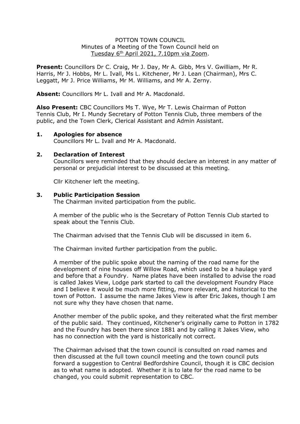 Minutes Town Council Meeting 6Th April 2021